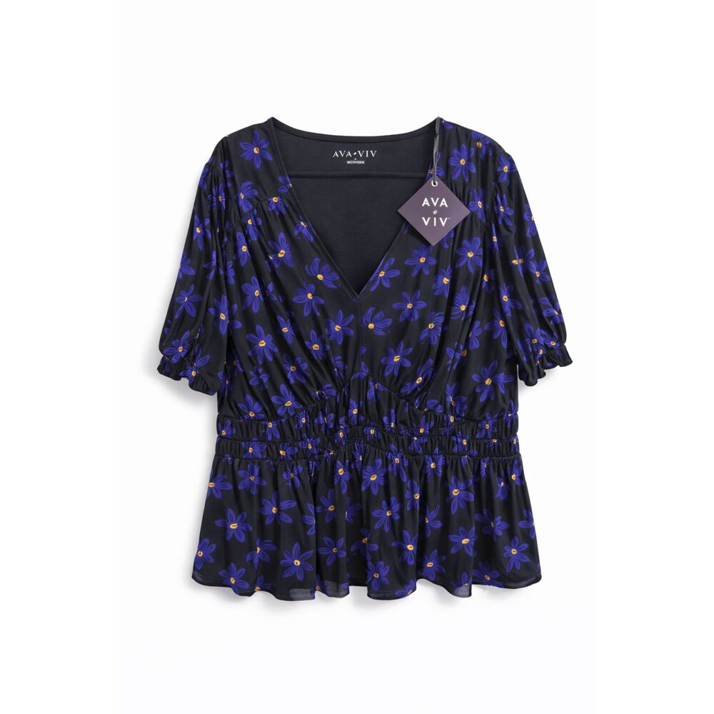 Women's Ava & Viv Plus Size Black Purple Floral Peplum Top Blouse